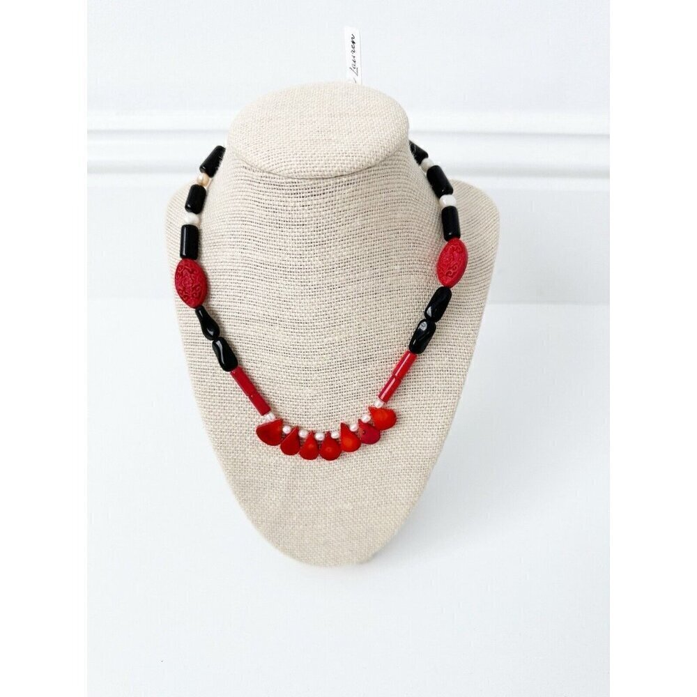 NWT Genuine Red Coral, Carved Cinnabar, Black Onyx & Pearls Necklace Red White